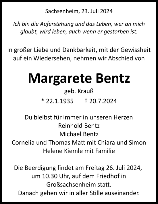Traueranzeige von Margarete Bentz von Bietigheimer Zeitung