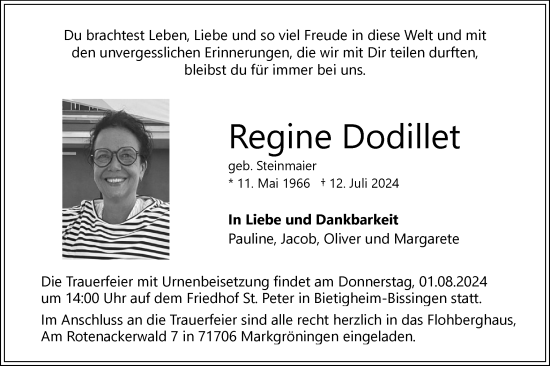 Traueranzeige von Regine Dodillet von Bietigheimer Zeitung
