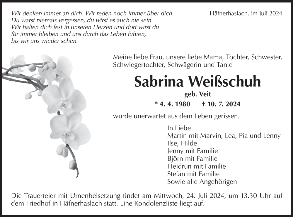  Traueranzeige für Sabrina Weißschuh vom 18.07.2024 aus Bietigheimer Zeitung