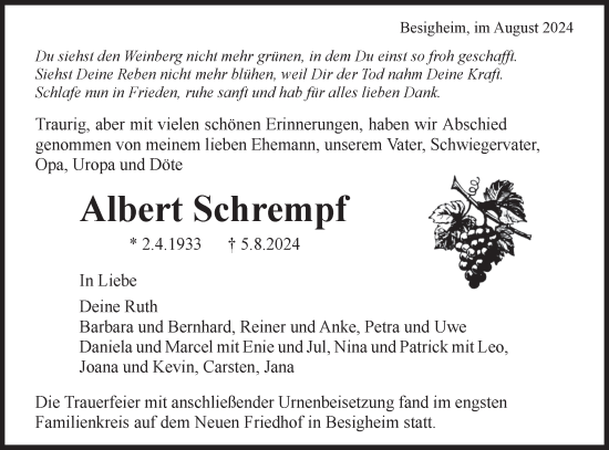 Traueranzeige von Albert Schrempf von Bietigheimer Zeitung