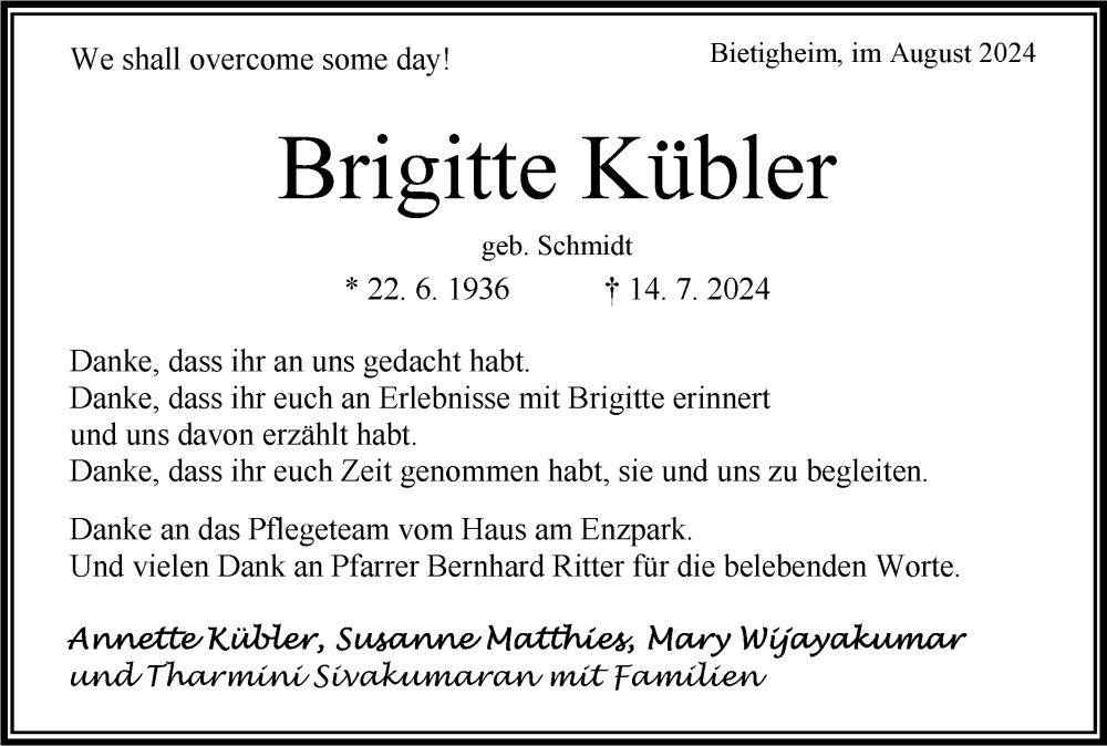  Traueranzeige für  Brigitte Kübler vom 02.08.2024 aus Bietigheimer Zeitung