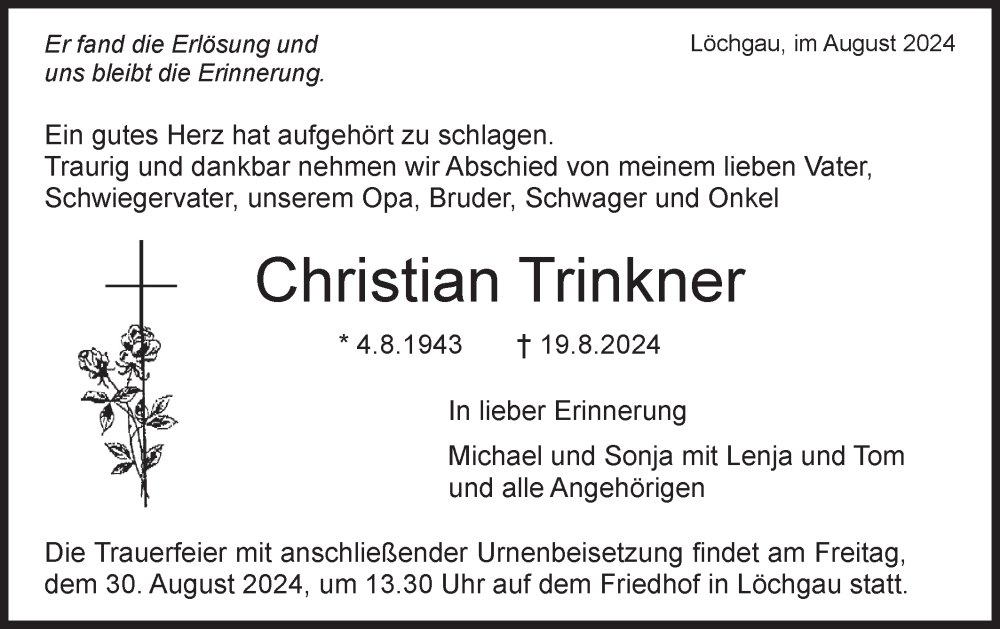  Traueranzeige für Christian Trinkner vom 27.08.2024 aus Bietigheimer Zeitung