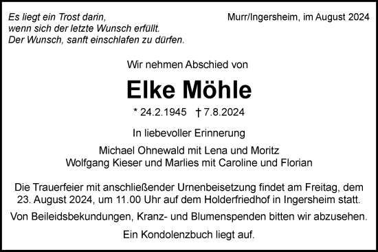 Traueranzeige von Elke Möhle von Bietigheimer Zeitung