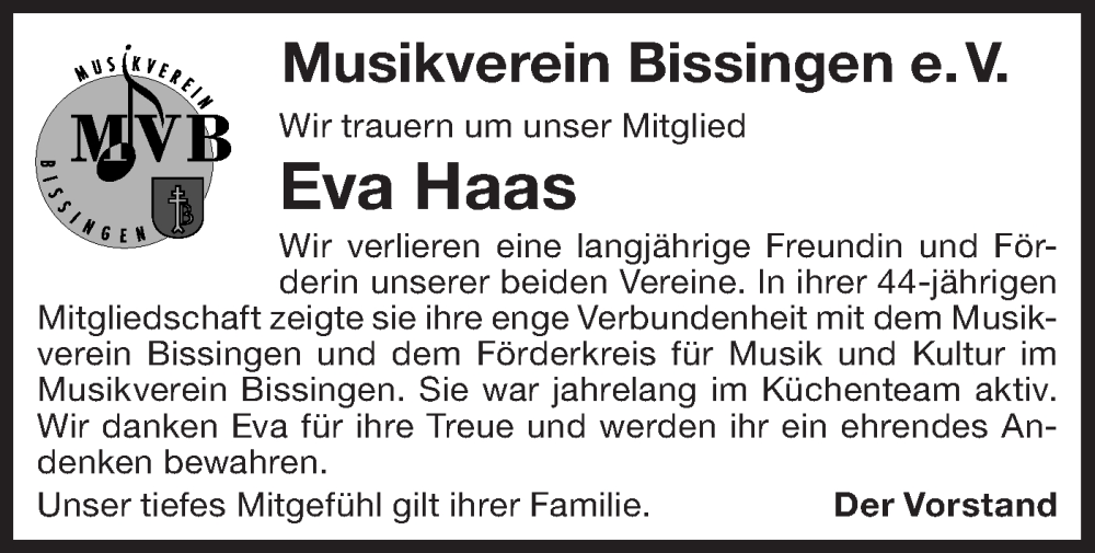  Traueranzeige für Eva Haas vom 13.08.2024 aus Bietigheimer Zeitung