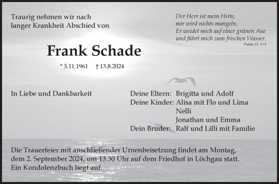 Traueranzeige von Frank Schade von Bietigheimer Zeitung