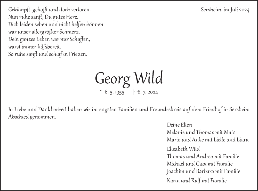 Traueranzeige für Georg Wild vom 08.08.2024 aus Bietigheimer Zeitung