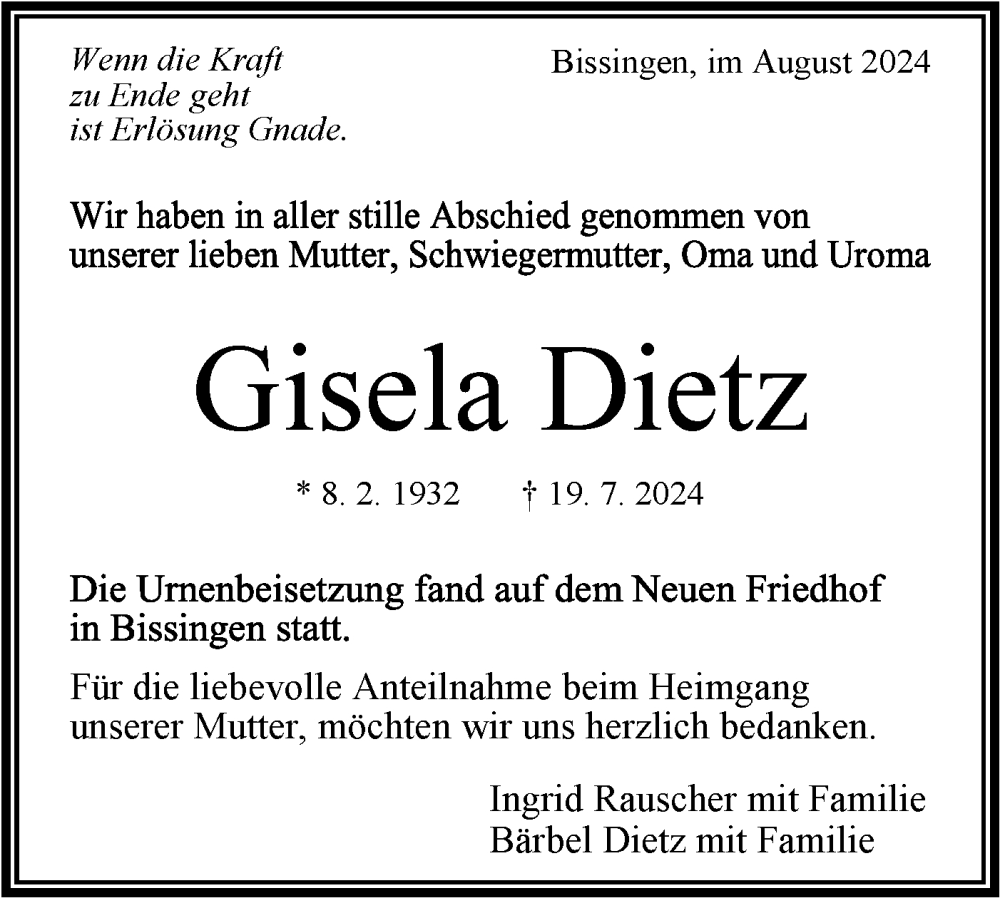  Traueranzeige für Gisela Dietz vom 10.08.2024 aus Bietigheimer Zeitung