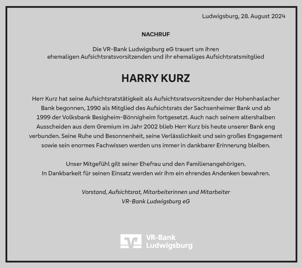  Traueranzeige für Harry Kurz vom 28.08.2024 aus Bietigheimer Zeitung