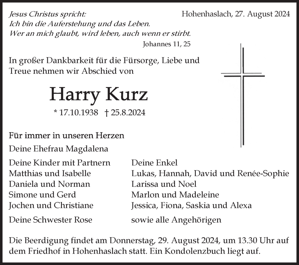  Traueranzeige für Harry Kurz vom 27.08.2024 aus Bietigheimer Zeitung