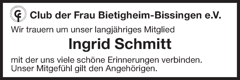  Traueranzeige für Ingrid Schmitt vom 29.08.2024 aus Bietigheimer Zeitung