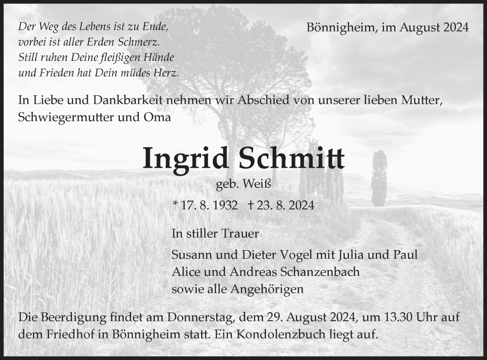  Traueranzeige für Ingrid Schmitt vom 28.08.2024 aus Bietigheimer Zeitung
