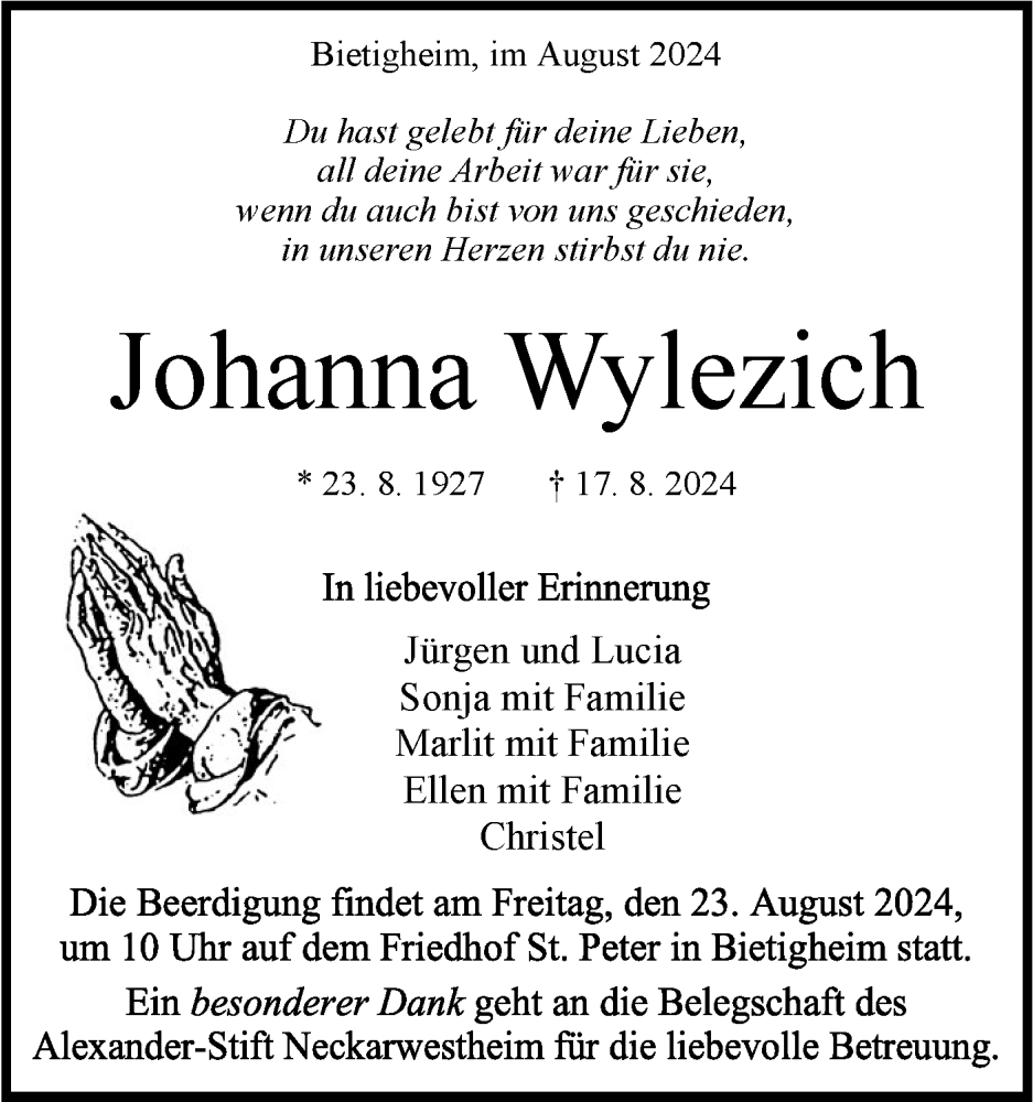  Traueranzeige für Johanna Wylezich vom 22.08.2024 aus Bietigheimer Zeitung