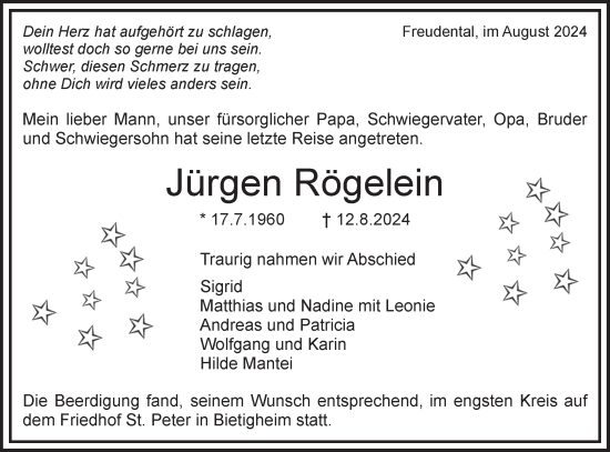 Traueranzeige von Jürgen Rögelein von Bietigheimer Zeitung