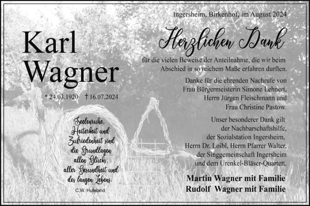  Traueranzeige für Karl Wagner vom 14.08.2024 aus Bietigheimer Zeitung