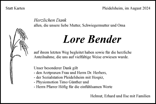 Traueranzeige von Lore Bender von Bietigheimer Zeitung