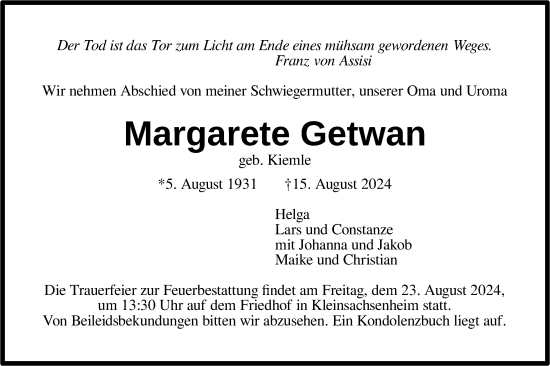 Traueranzeige von Margarete Getwan von Bietigheimer Zeitung