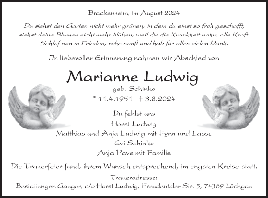 Traueranzeige von Marianne Ludwig von Bietigheimer Zeitung