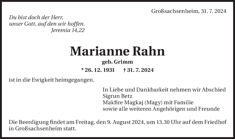  Traueranzeige für Marianne Rahn vom 06.08.2024 aus Bietigheimer Zeitung