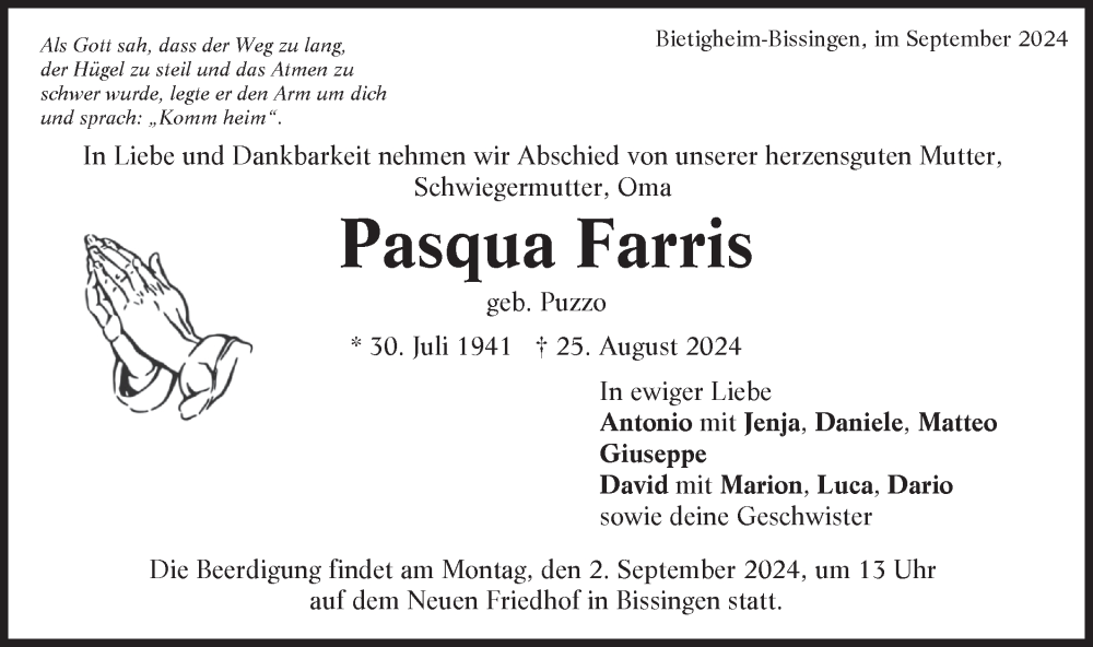  Traueranzeige für Pasqua Farris vom 30.08.2024 aus Bietigheimer Zeitung