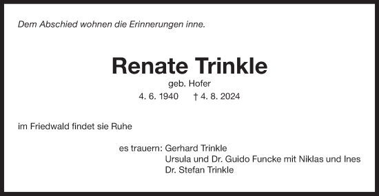 Traueranzeige von Renate Trinkle von Bietigheimer Zeitung
