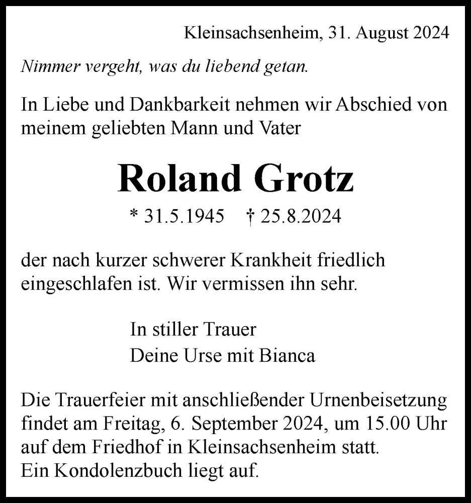  Traueranzeige für Roland Grotz vom 31.08.2024 aus Bietigheimer Zeitung