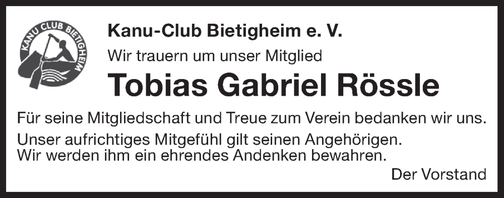  Traueranzeige für Tobias Gabriel Rössle vom 10.08.2024 aus Bietigheimer Zeitung