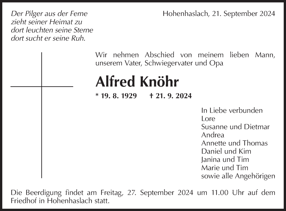  Traueranzeige für Alfred Knöhr vom 25.09.2024 aus Bietigheimer Zeitung