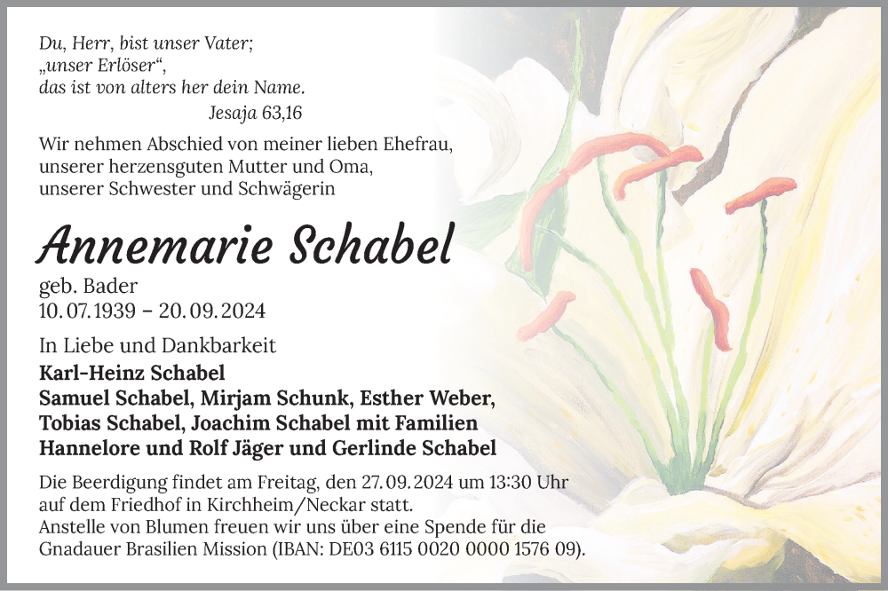 Traueranzeige für Annemarie Schabel vom 24.09.2024 aus Bietigheimer Zeitung