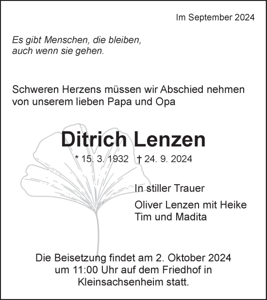 Traueranzeige von Ditrich Lenzen von Bietigheimer Zeitung
