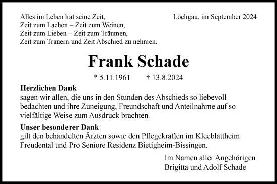 Traueranzeige von Frank Schade von Bietigheimer Zeitung