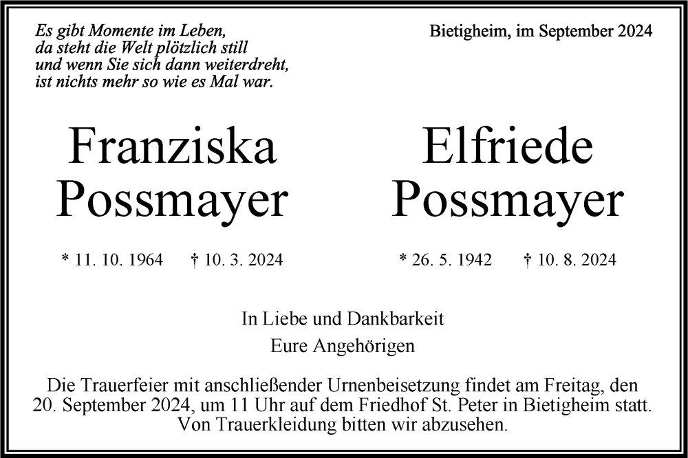  Traueranzeige für Franziska Possmayer vom 14.09.2024 aus Bietigheimer Zeitung