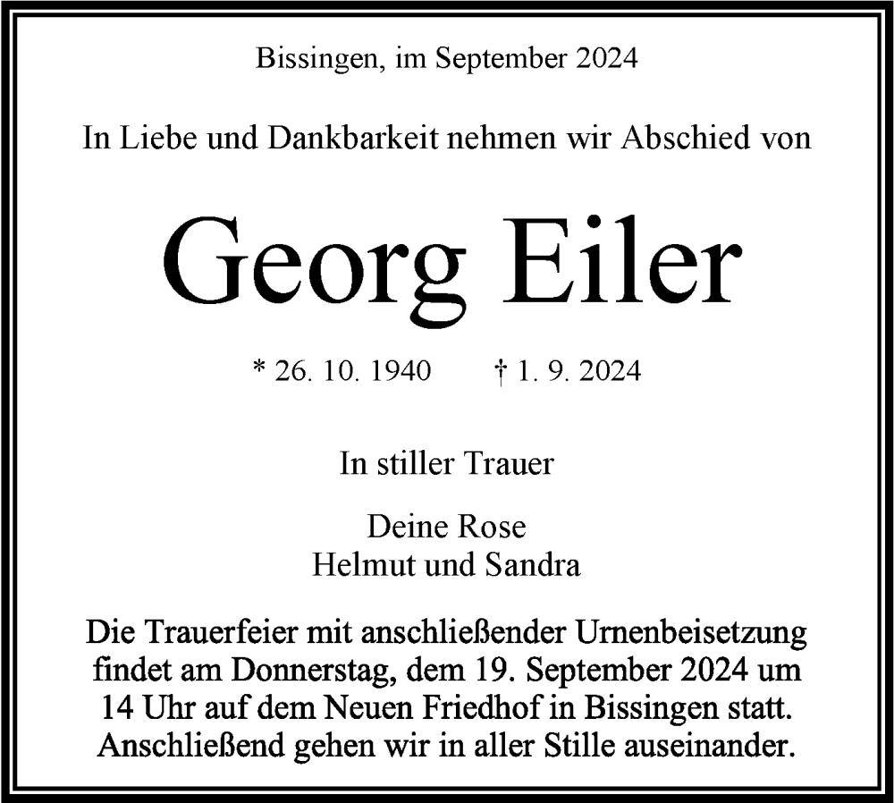  Traueranzeige für Georg Eiler vom 14.09.2024 aus Bietigheimer Zeitung