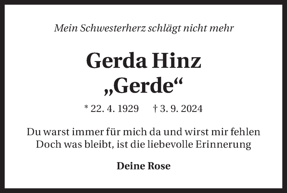  Traueranzeige für Gerda Hinz vom 10.09.2024 aus Bietigheimer Zeitung