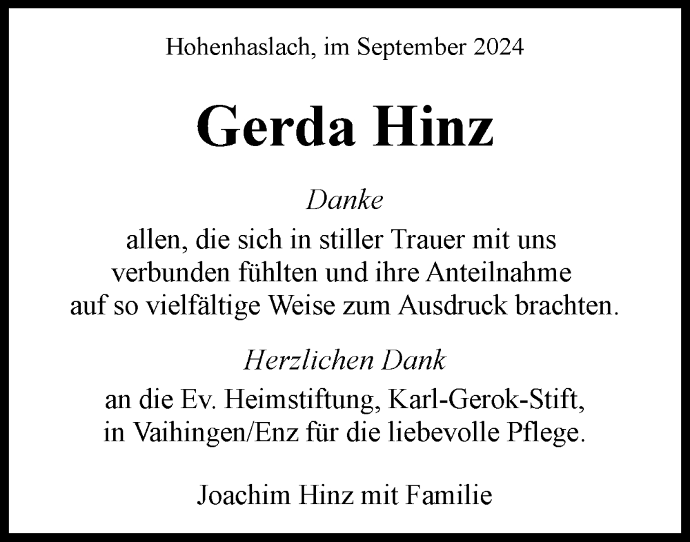  Traueranzeige für Gerda Hinz vom 18.09.2024 aus Bietigheimer Zeitung