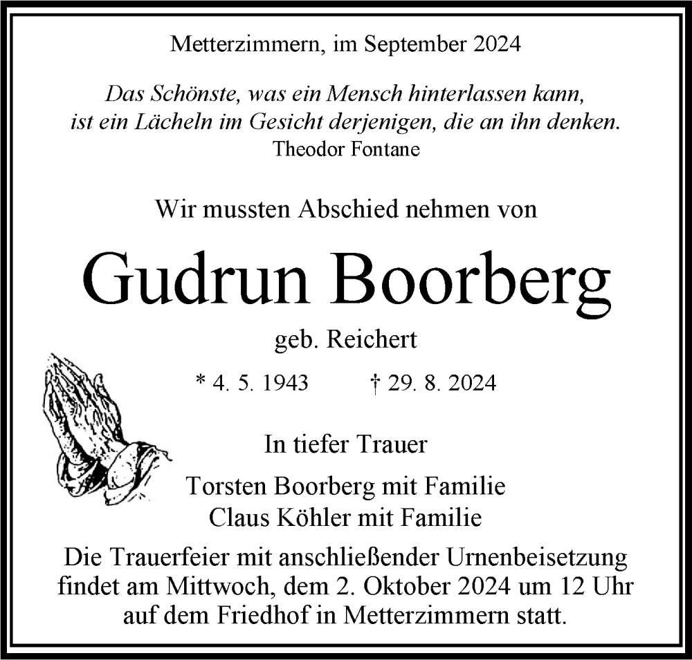 Traueranzeige für Gudrun Boorberg vom 28.09.2024 aus Bietigheimer Zeitung