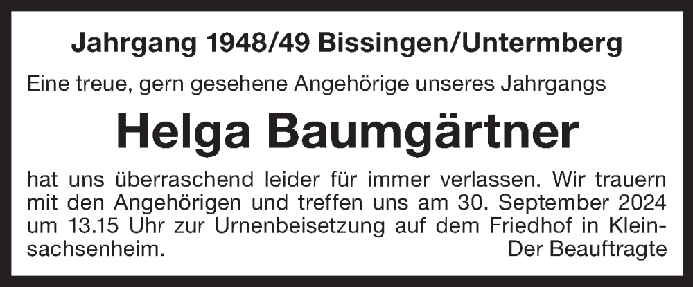  Traueranzeige für Helga Baumgärtner vom 27.09.2024 aus Bietigheimer Zeitung