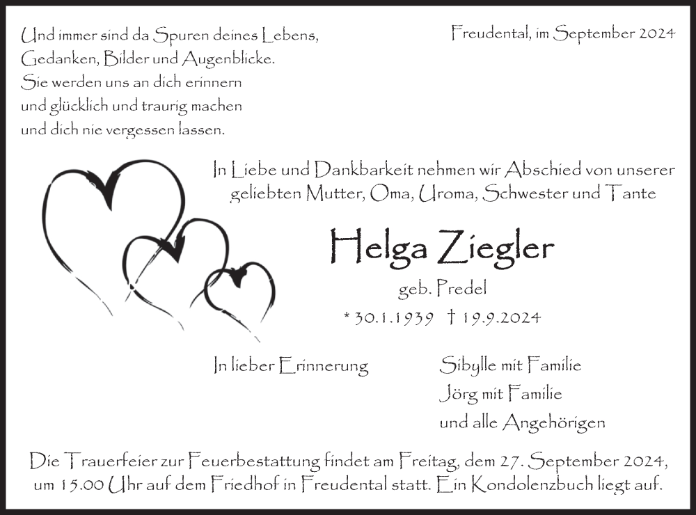  Traueranzeige für Helga Ziegler vom 25.09.2024 aus Bietigheimer Zeitung