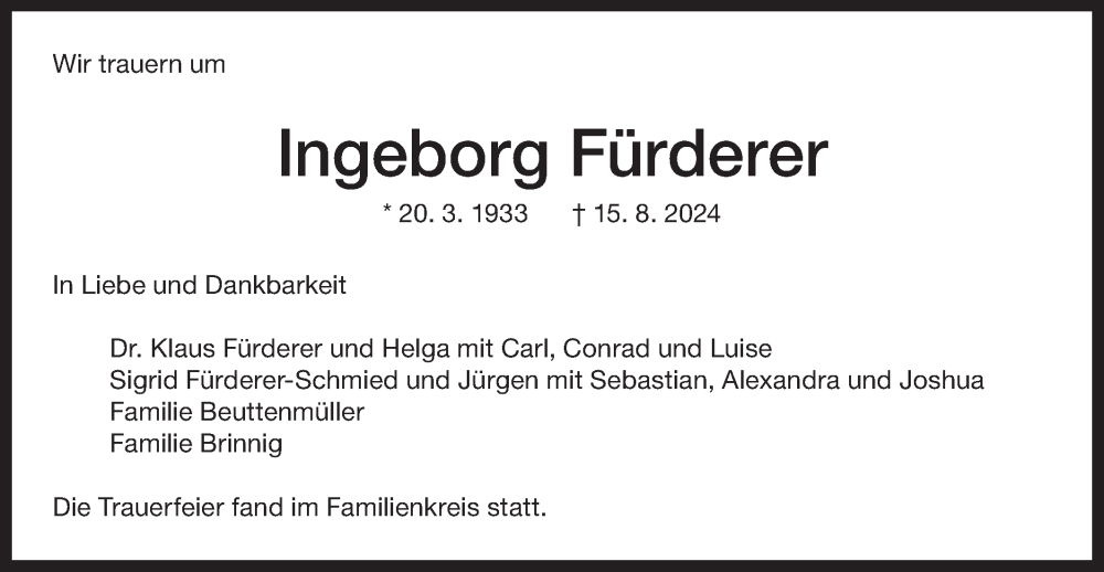  Traueranzeige für Ingeborg Fürderer vom 05.09.2024 aus Bietigheimer Zeitung