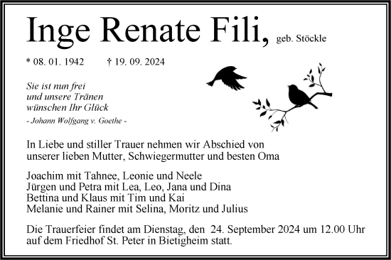 Traueranzeige von Inge Renate Fili von Bietigheimer Zeitung