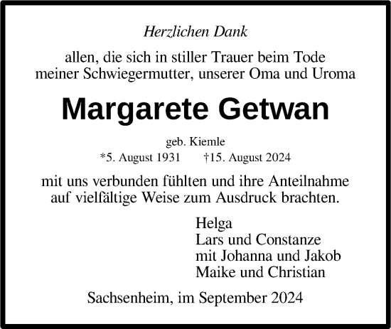 Traueranzeige von Margarete Getwan von Bietigheimer Zeitung