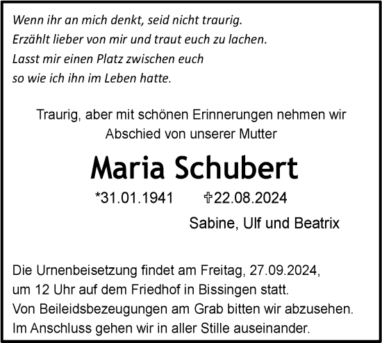 Traueranzeige von Maria Schubert von Bietigheimer Zeitung