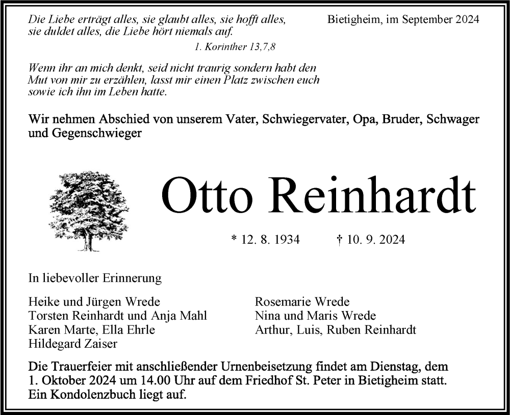  Traueranzeige für Otto Reinhardt vom 26.09.2024 aus Bietigheimer Zeitung