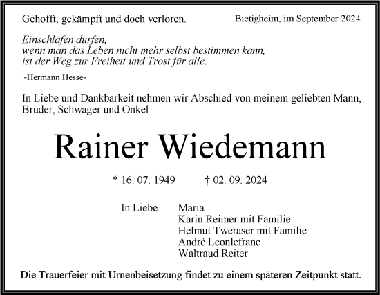 Traueranzeige von Rainer Wiedemann von Bietigheimer Zeitung