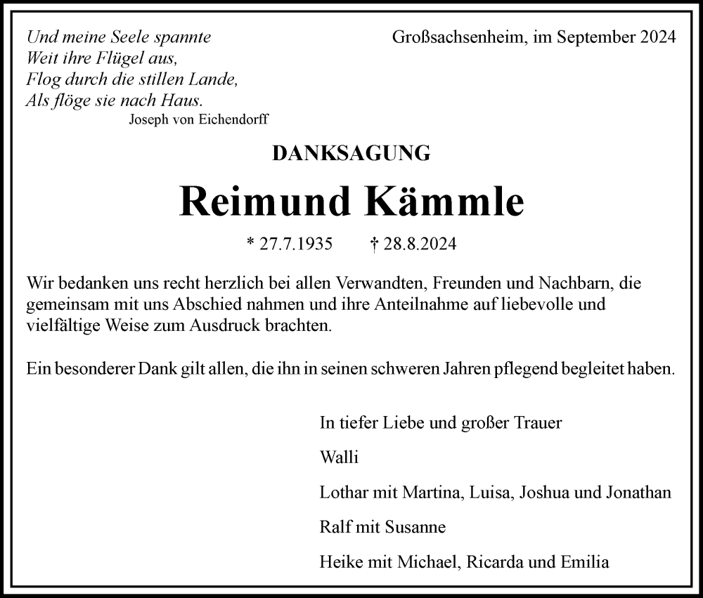 Traueranzeige für Reimund Kämmle vom 20.09.2024 aus Bietigheimer Zeitung
