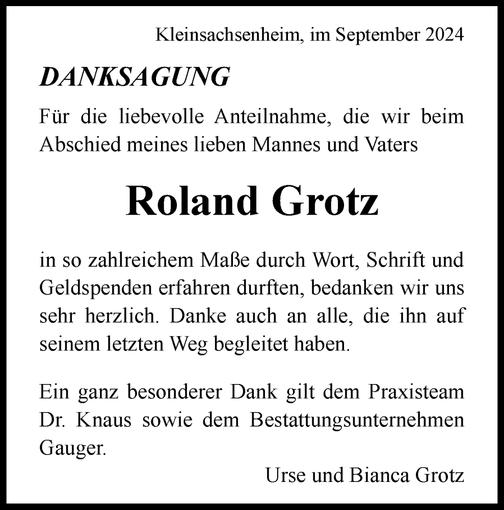  Traueranzeige für Roland Grotz vom 27.09.2024 aus Bietigheimer Zeitung