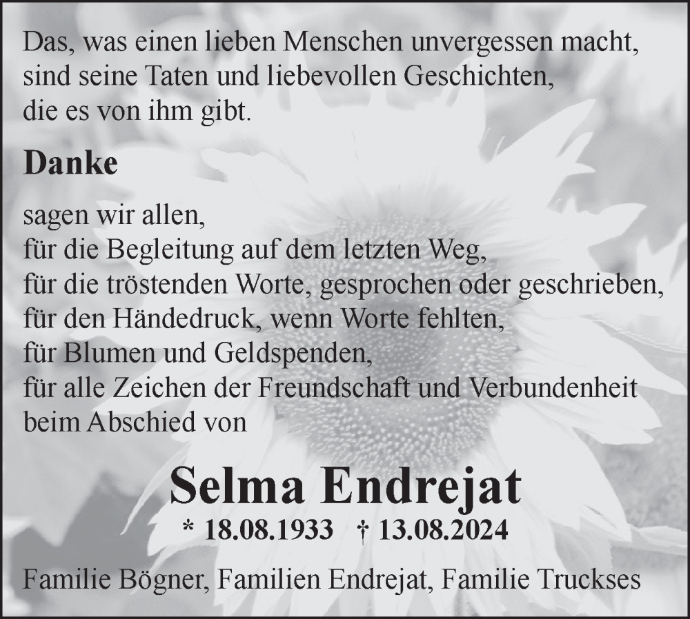  Traueranzeige für Selma Endrejat vom 14.09.2024 aus Bietigheimer Zeitung