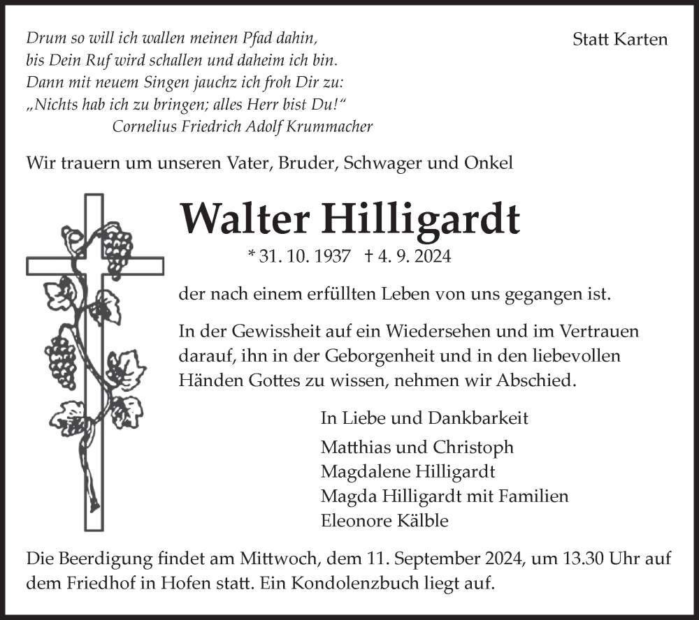  Traueranzeige für Walter Hilligardt vom 07.09.2024 aus Bietigheimer Zeitung