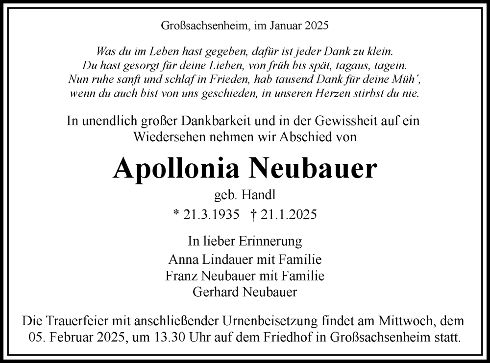  Traueranzeige für Apollonia Neubauer vom 01.02.2025 aus Bietigheimer Zeitung