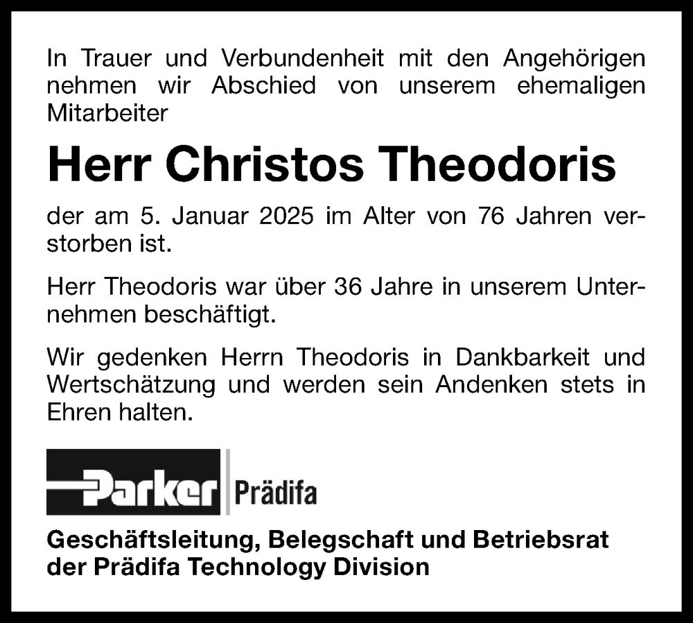  Traueranzeige für Christos Theodoris vom 14.01.2025 aus Bietigheimer Zeitung