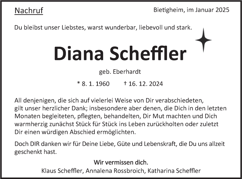  Traueranzeige für Diana Scheffler vom 30.01.2025 aus Bietigheimer Zeitung